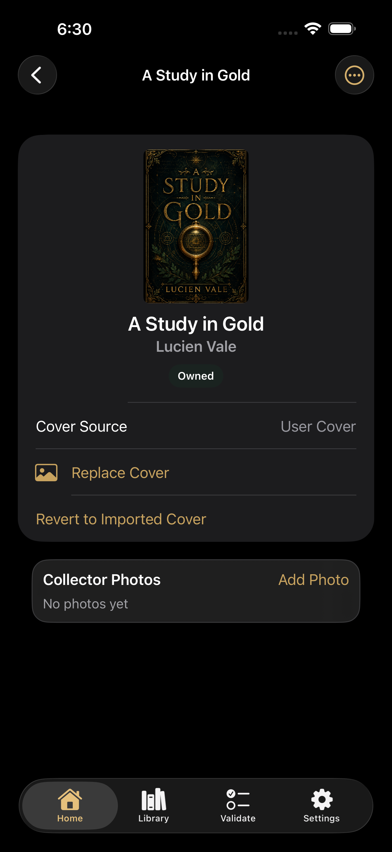 Arcoria book detail screen showing cover and collector photo options