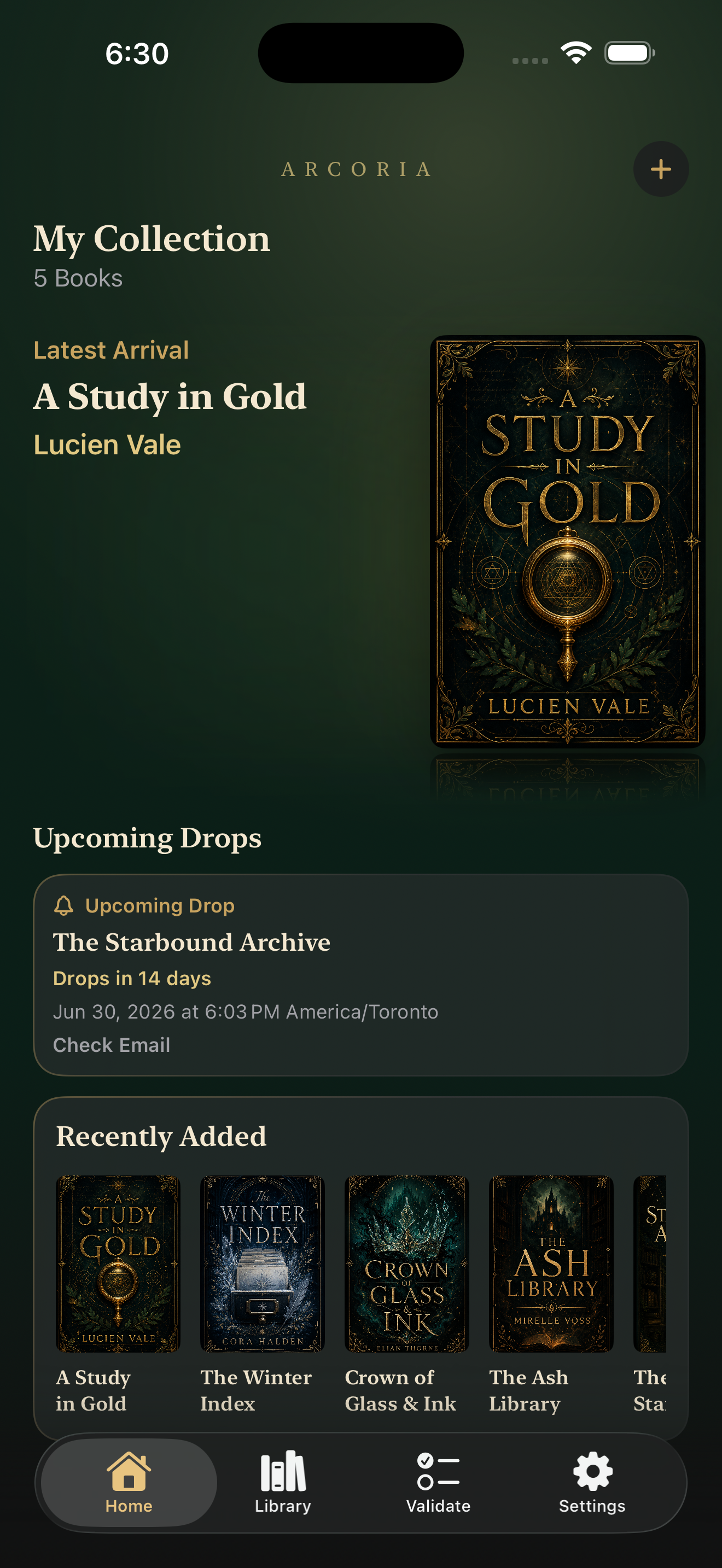 Arcoria app home screen showing a personal book collection