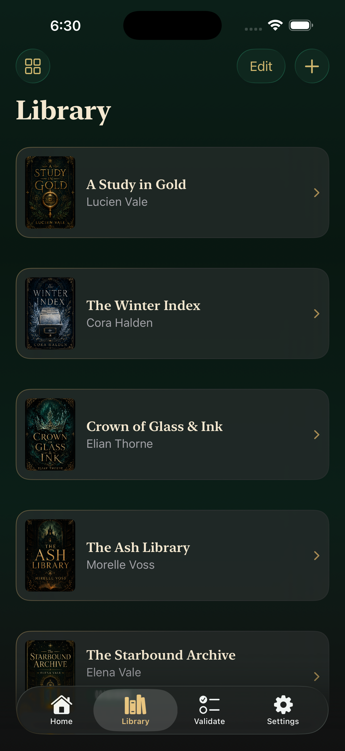 Arcoria library screen showing a list of collected books